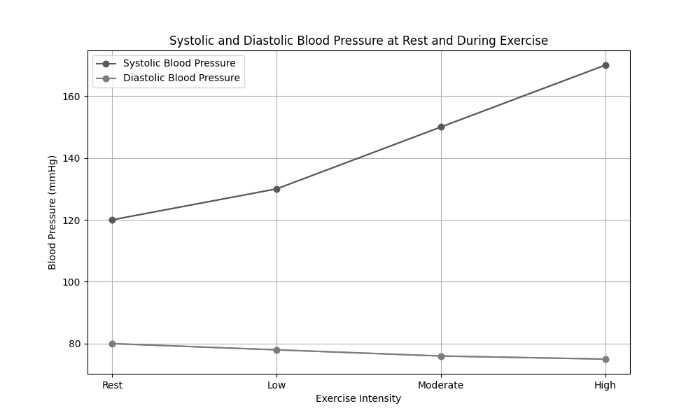 Graph showing systolic and diastolic blood pressure at rest and during different intensities of exercise. The x-axis represents different exercise intensities (e.g., rest, low, moderate, high), and the y-axis represents blood pressure in mmHg. The graph should have two lines, one for systolic and one for diastolic blood pressure, showing an increase in systolic blood pressure with exercise intensity and a relatively stable or slightly decreasing diastolic blood pressure. The graph should also include a legend to differentiate between the two lines. The systolic blood pressure line should show a clear upward trend, while the diastolic blood pressure line should remain relatively flat or show a slight downward trend. The title of the graph should be 'Systolic and Diastolic Blood Pressure at Rest and During Exercise'.